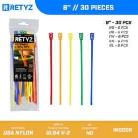Picture of 8 Inch 5-Color Variety Pack Releasable/Reusable Cable Tie - 30 Pack