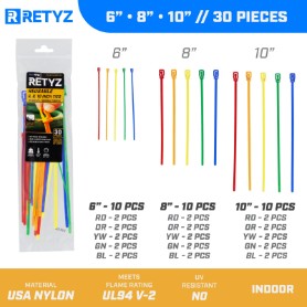 Picture of 6 Inch Mini, 8 Inch, and 10 Inch 5-Color Variety Pack Releasable/Reusable Cable Tie - 30 Pack