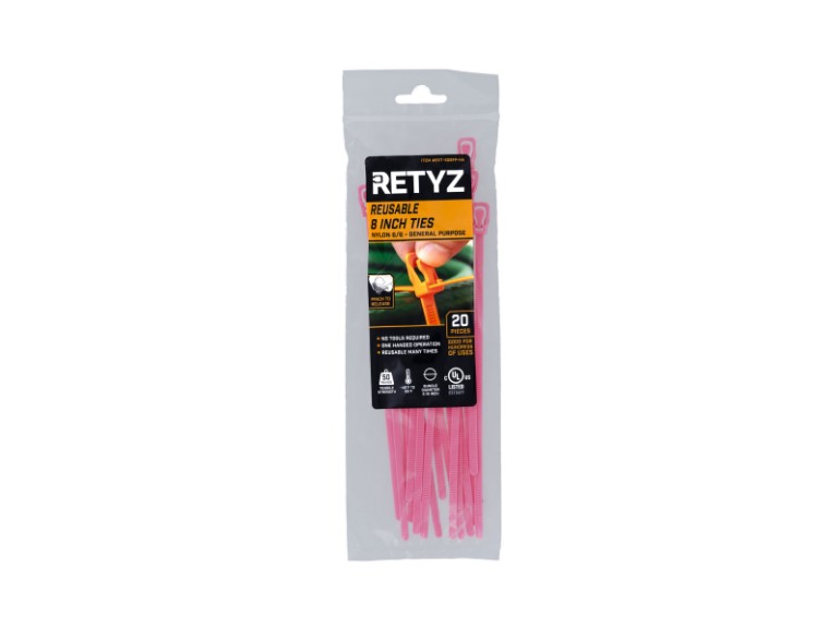 Picture of 8 Inch Fluorescent Pink Releasable/Reusable Cable Tie - 20 Pack