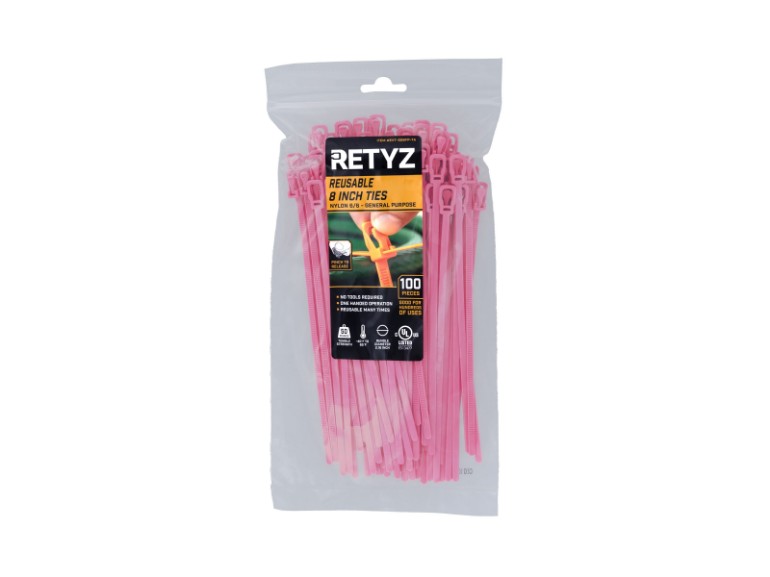 Picture of 8 Inch Fluorescent Pink Releasable/Reusable Cable Tie - 100 Pack