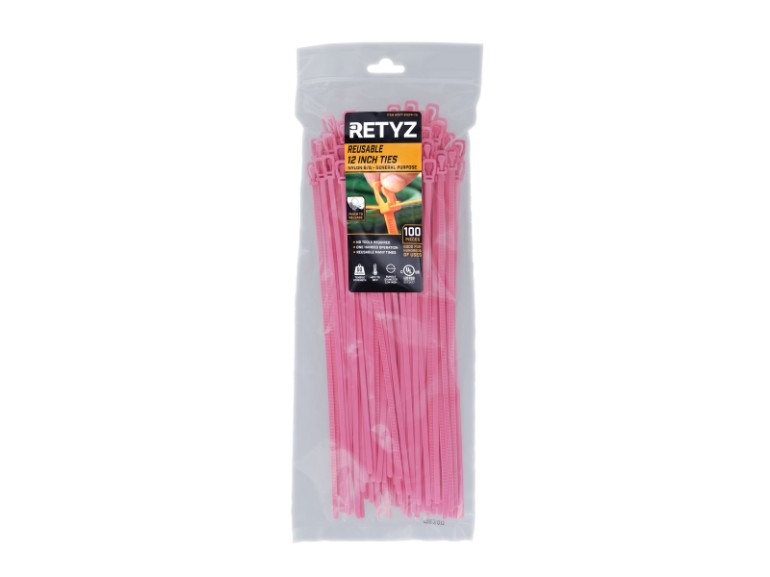 Picture of 12 Inch Fluorescent Pink Releasable/Reusable Cable Tie - 100 Pack