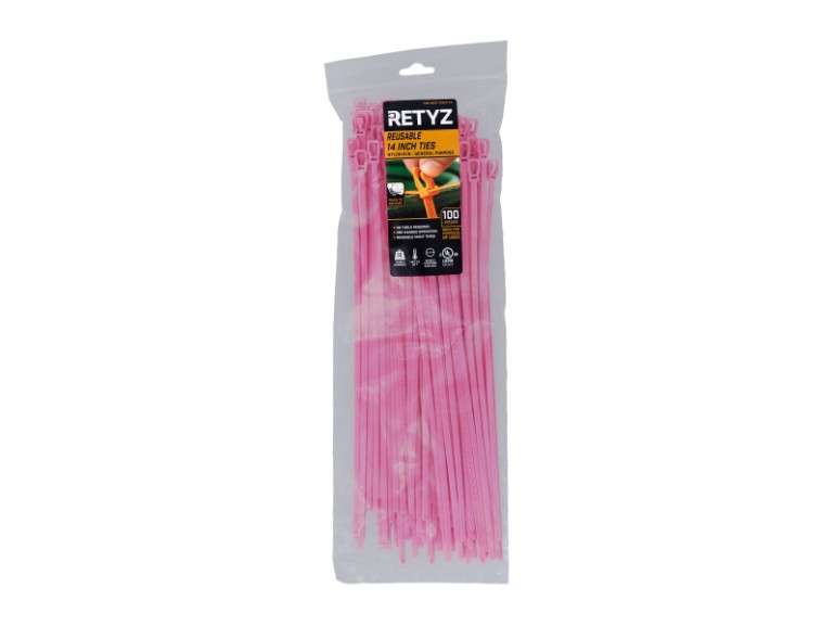 Picture of 14 Inch Fluorescent Pink Releasable/Reusable Cable Tie -100 Pack