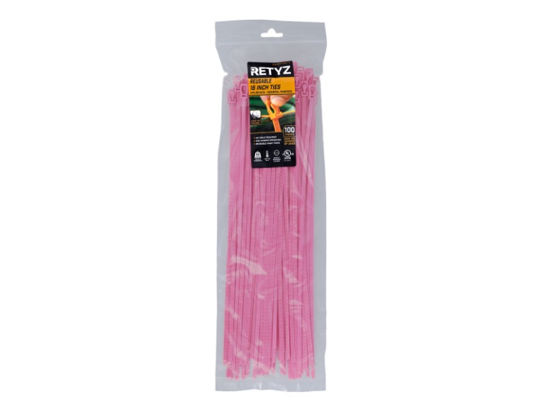 Picture of 16 Inch Fluorescent Pink Releasable/Reusable Cable Tie - 100 Pack